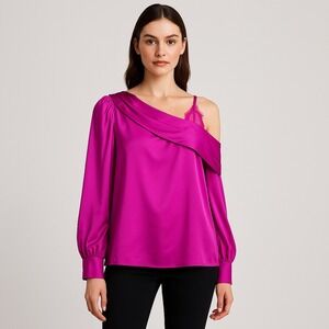 Satin One-Shoulder Top Womens Size M Fuchsia Pink/Purple Coquette Feminine Party